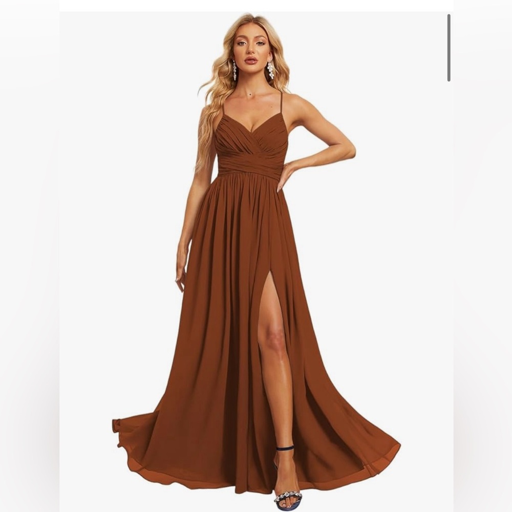 Women‘s V Neck Bridesmaid Dresses with Slit Long Formal Party Dress with Pockets